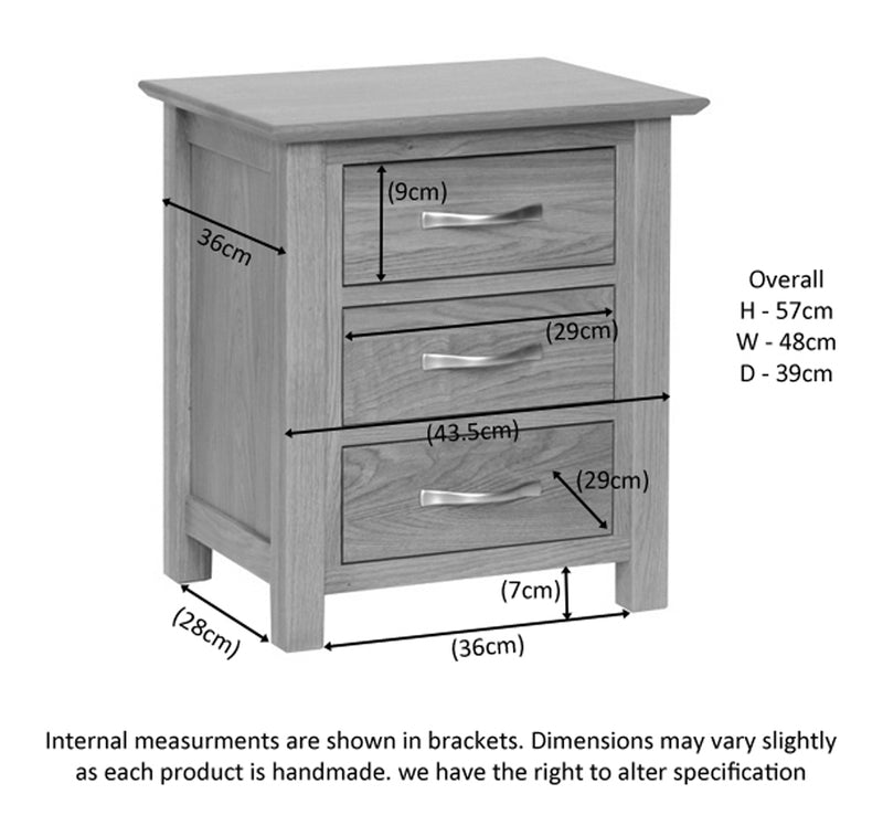 Hampshire Oak 3 Drawer Bedside